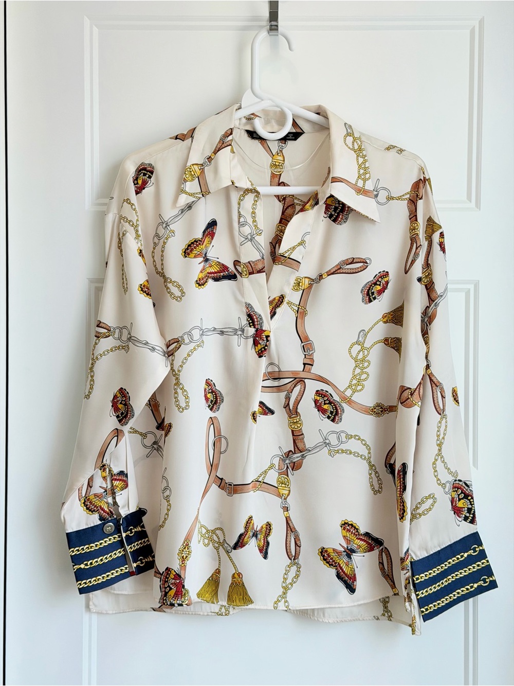 Zara Cream Butterfly & Chain Print Blouse with Navy Trim